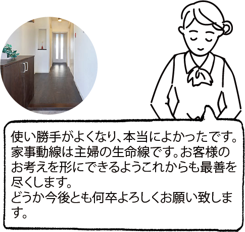 使い勝手がよくなり、本当によかったです。家事動線は主婦の生命線です。お客様のお考えを形にできるようこれからも最善を尽くします。どうか今後とも何卒よろしくお願い致します。